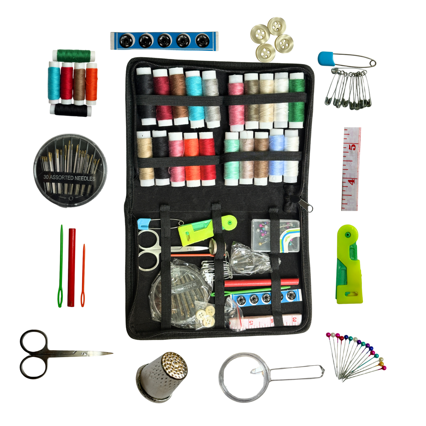 All-in-One Solution – Complete sewing kit with threads, needles, scissors, measuring tape, buttons & more.