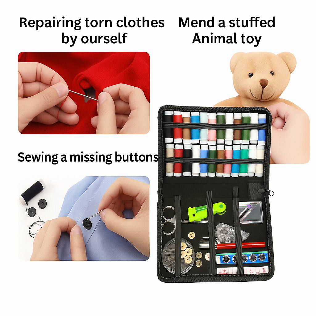All-in-One Solution – Complete sewing kit with threads, needles, scissors, measuring tape, buttons & more.