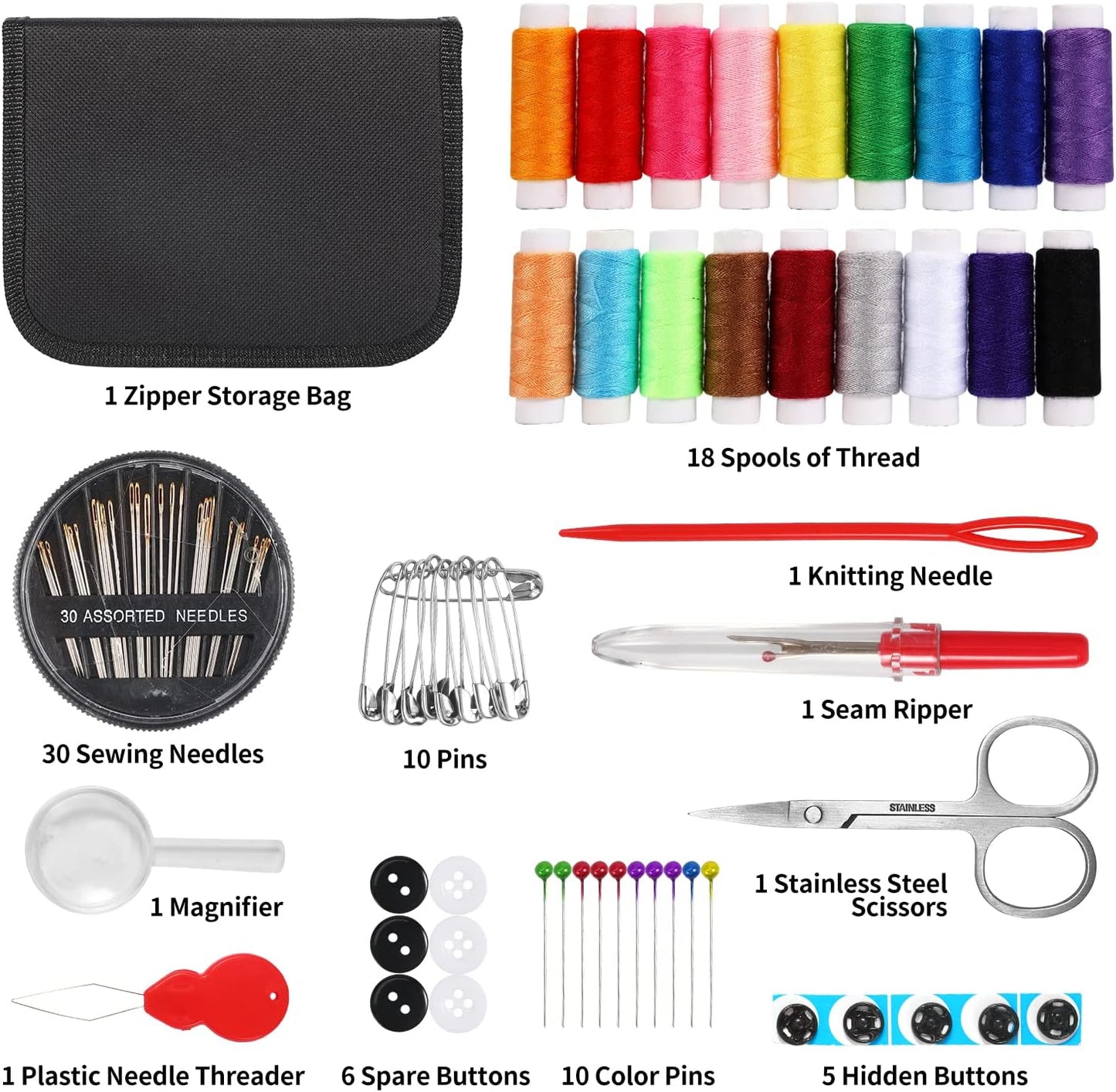 All-in-One Solution – Complete sewing kit with threads, needles, scissors, measuring tape, buttons & more.