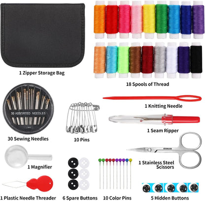 All-in-One Solution – Complete sewing kit with threads, needles, scissors, measuring tape, buttons & more.