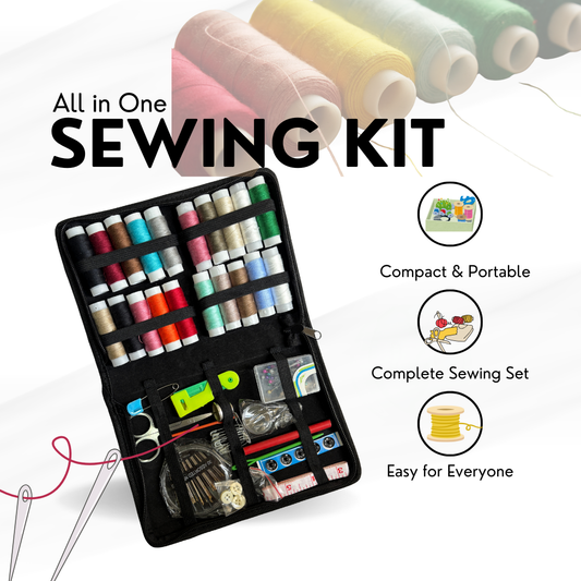 All-in-One Solution – Complete sewing kit with threads, needles, scissors, measuring tape, buttons & more.